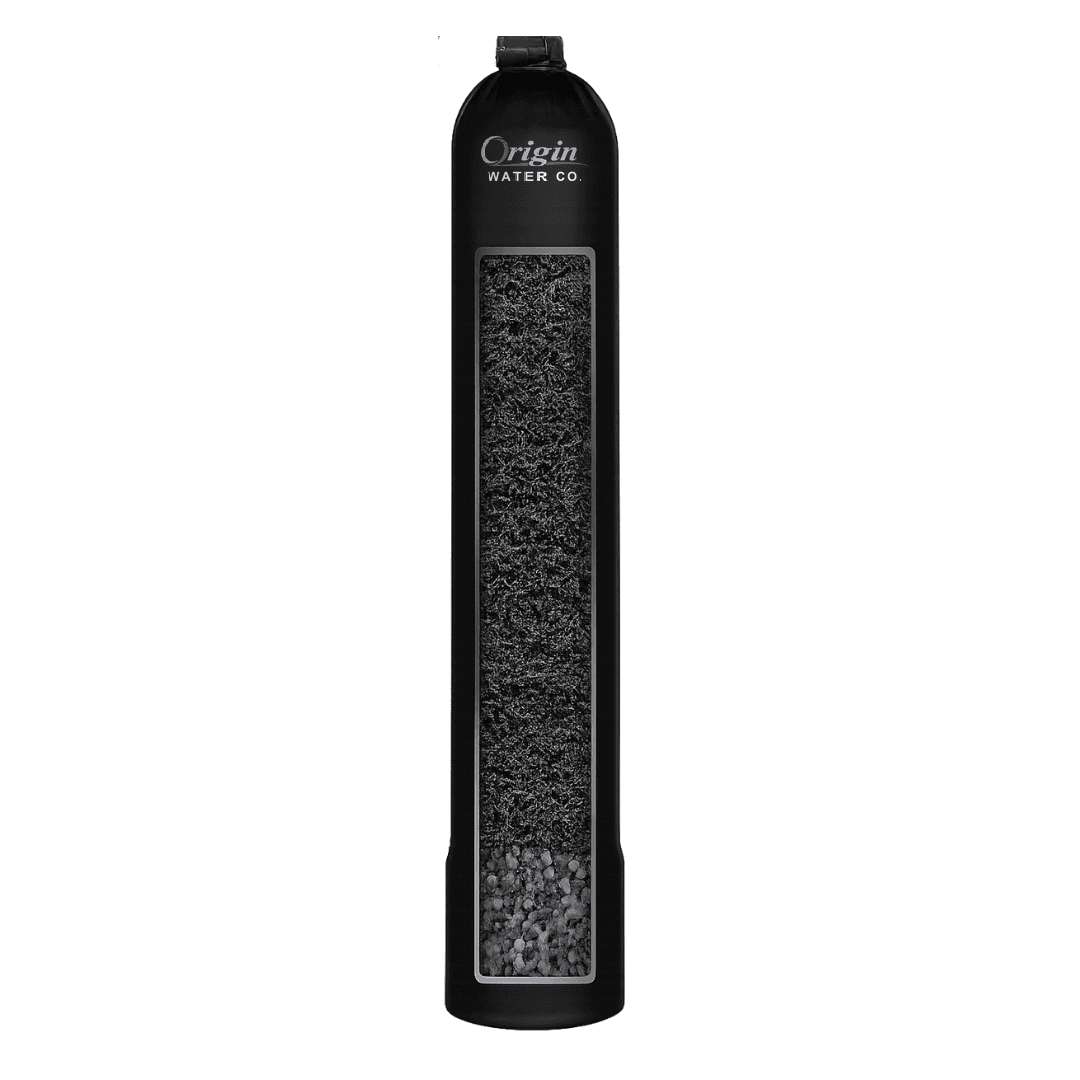 Origin Water Co. whole-home carbon filtration tank — carbon over polishing gravel, no brine tank