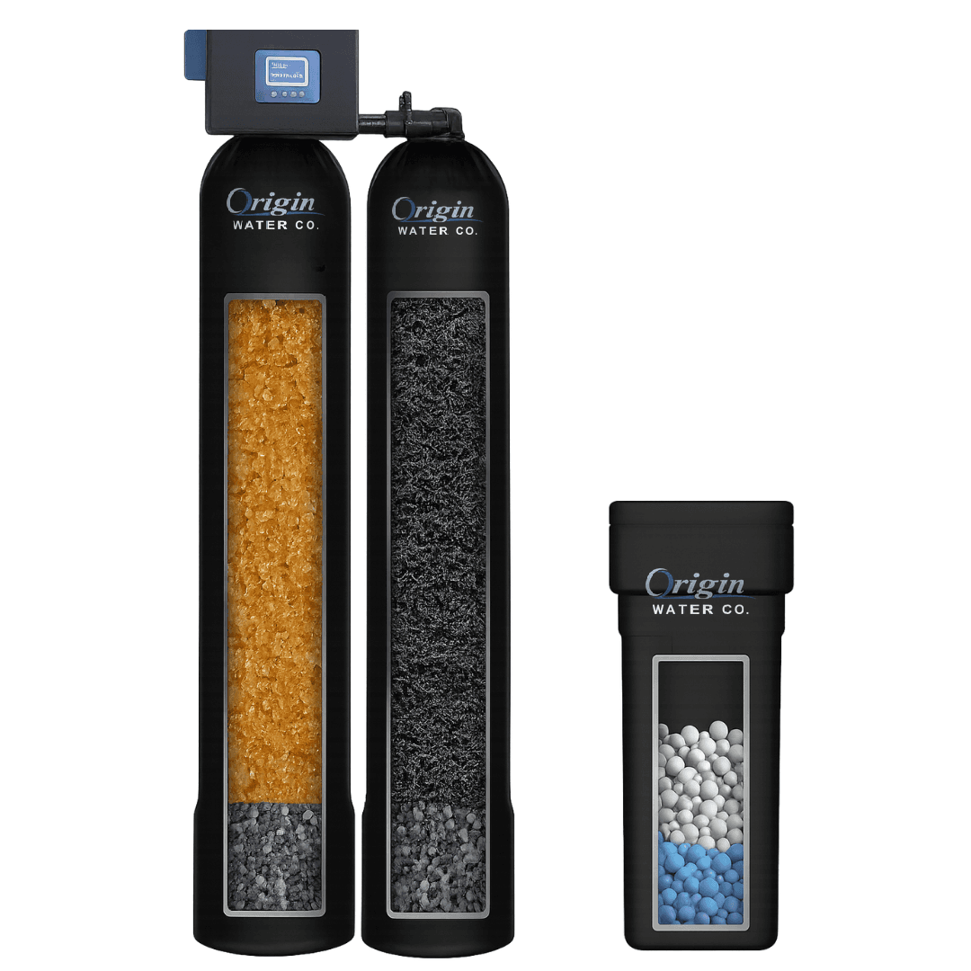 An Origin Water Co. whole-home softening and filtration system with its brine tank