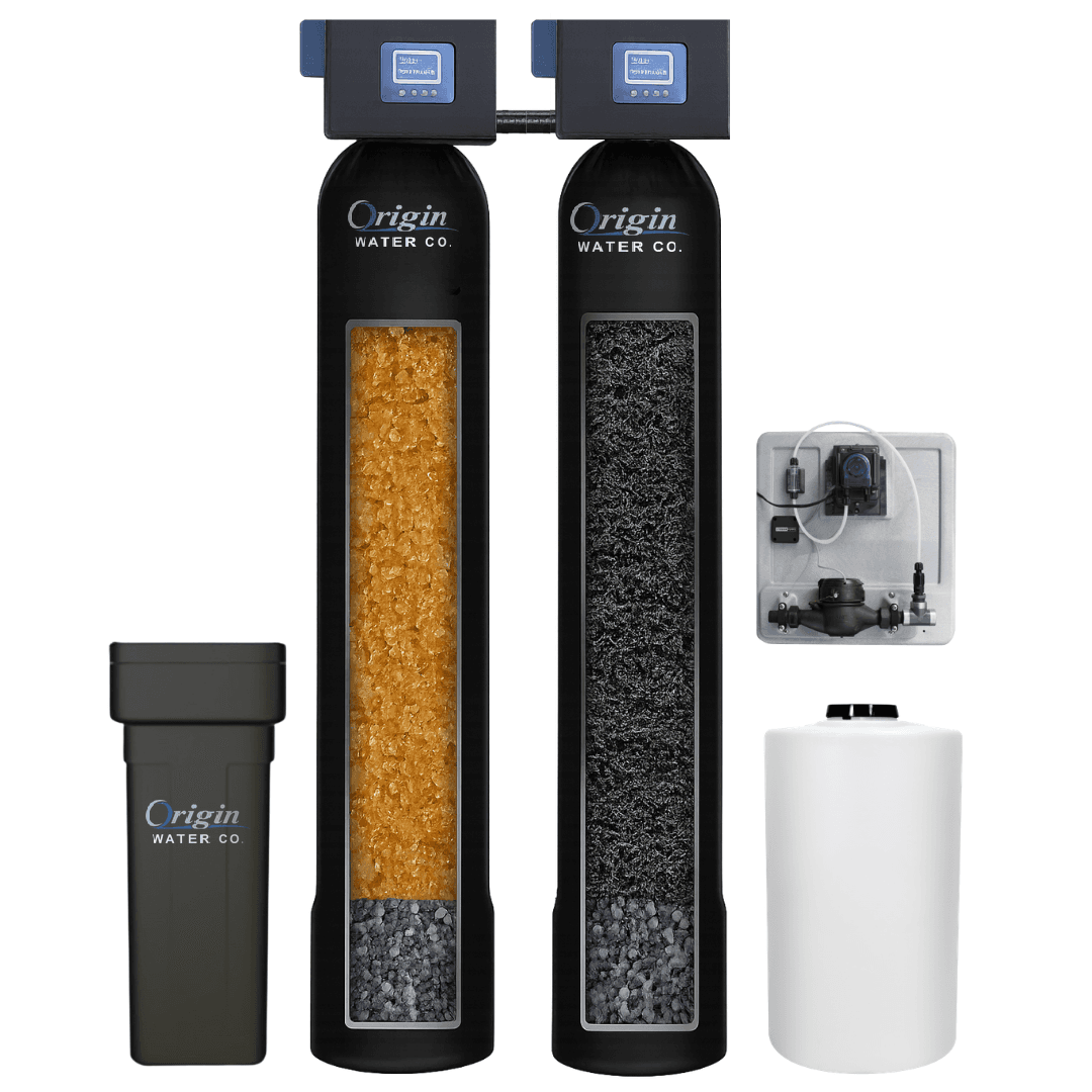 Origin Water Co. well water system — sediment pre-filter, softening tank, oxidising filtration tank, injection panel and solution tank